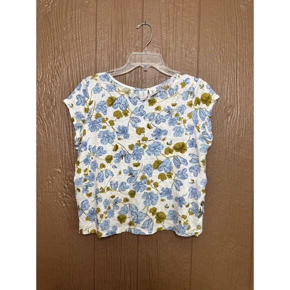 Joie Linen Cap-Sleeve Button-Down Side Top Blouse Floral 110% Linen Size L - Picture 1 of 5